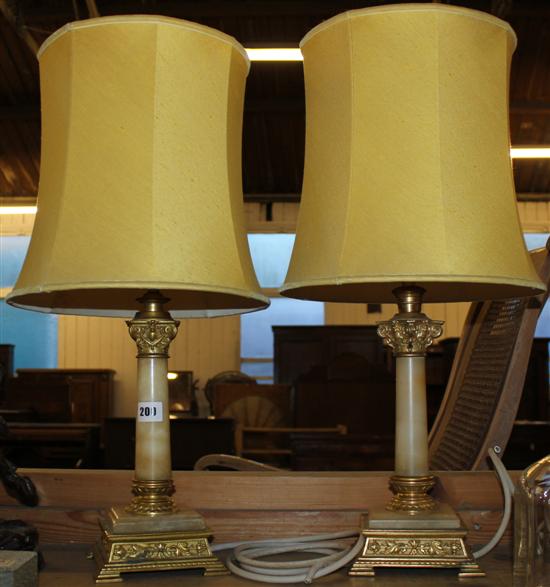 Pair of onyx and gilt brass table lamps and 2 brass lamps